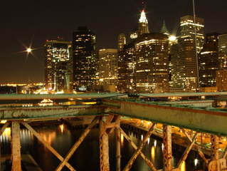 New York City skyline as seen from the Brooklyn Bridge